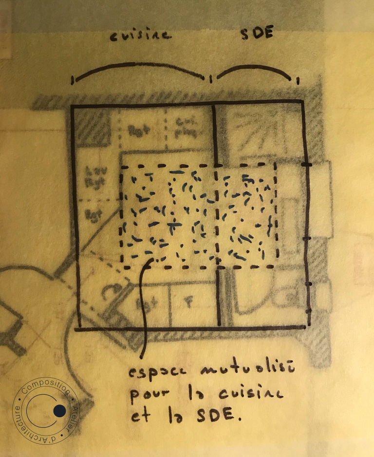 Croquis de travail du projet d'aménagement de la SDE et de la cuisine d'un appartement à Issy-les-Moulineaux