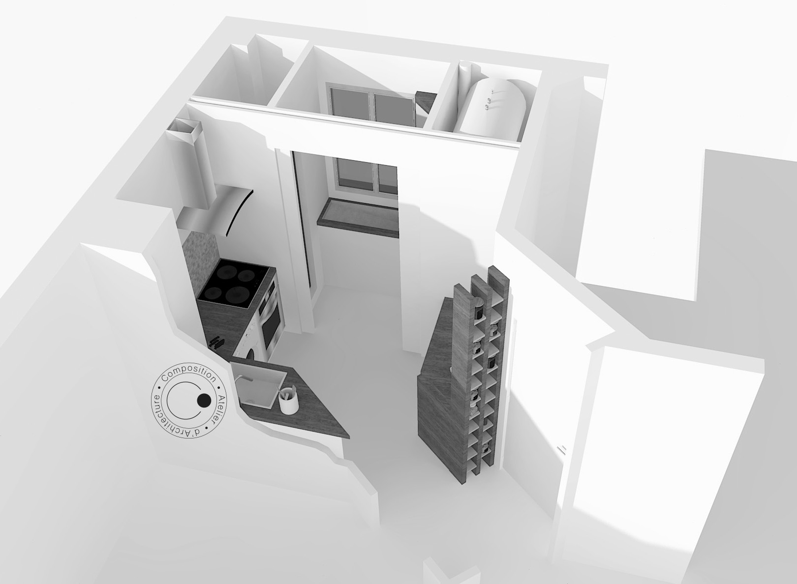 Bouton pour atteindre le descriptif du projet d'aménagement d'un appartement à Issy-les-Moulineaux • Composition Atelier d'Architecture