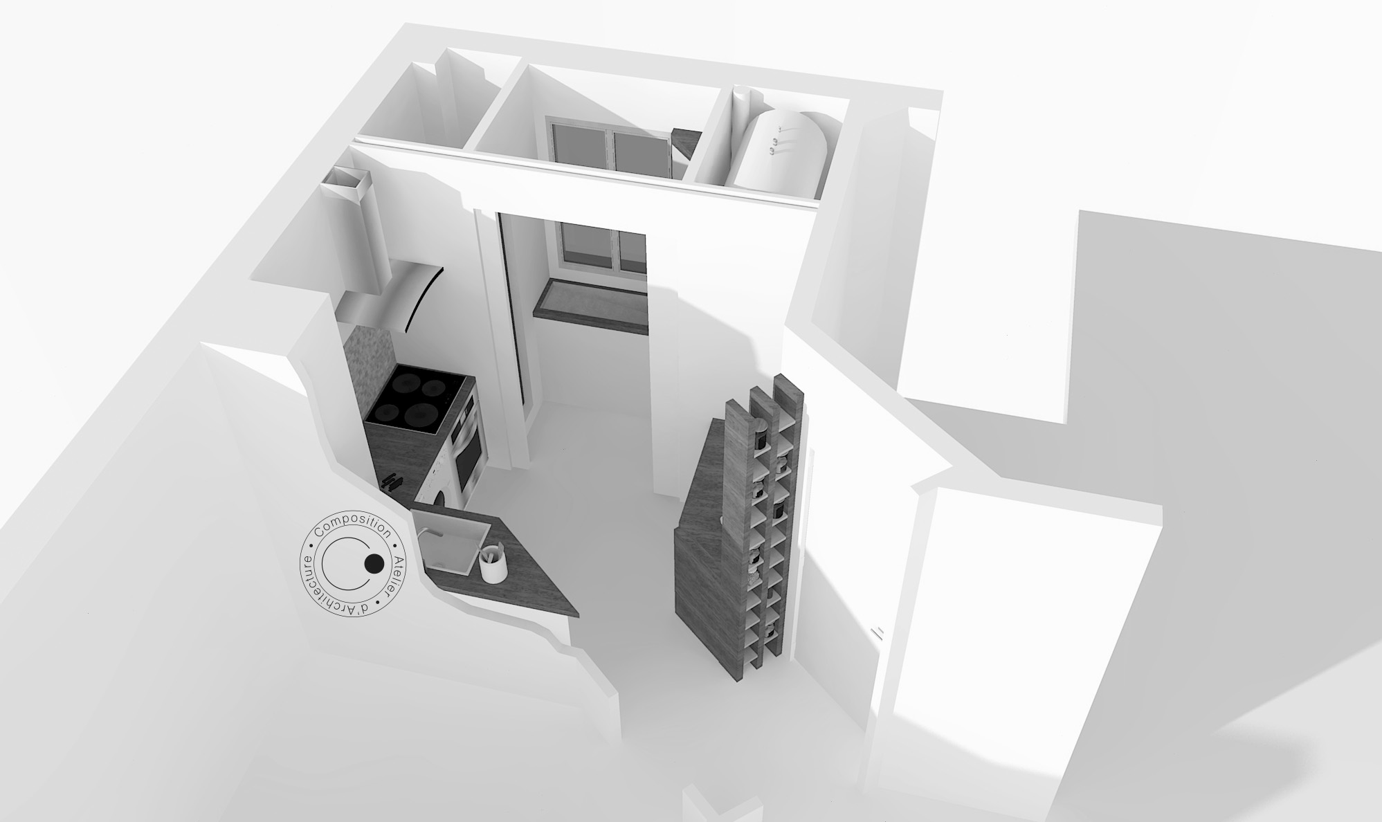 Représentation graphique du projet d'aménagement d'une SDE et d'une cuisine dans un appartement à Issy-les-Moulineaux