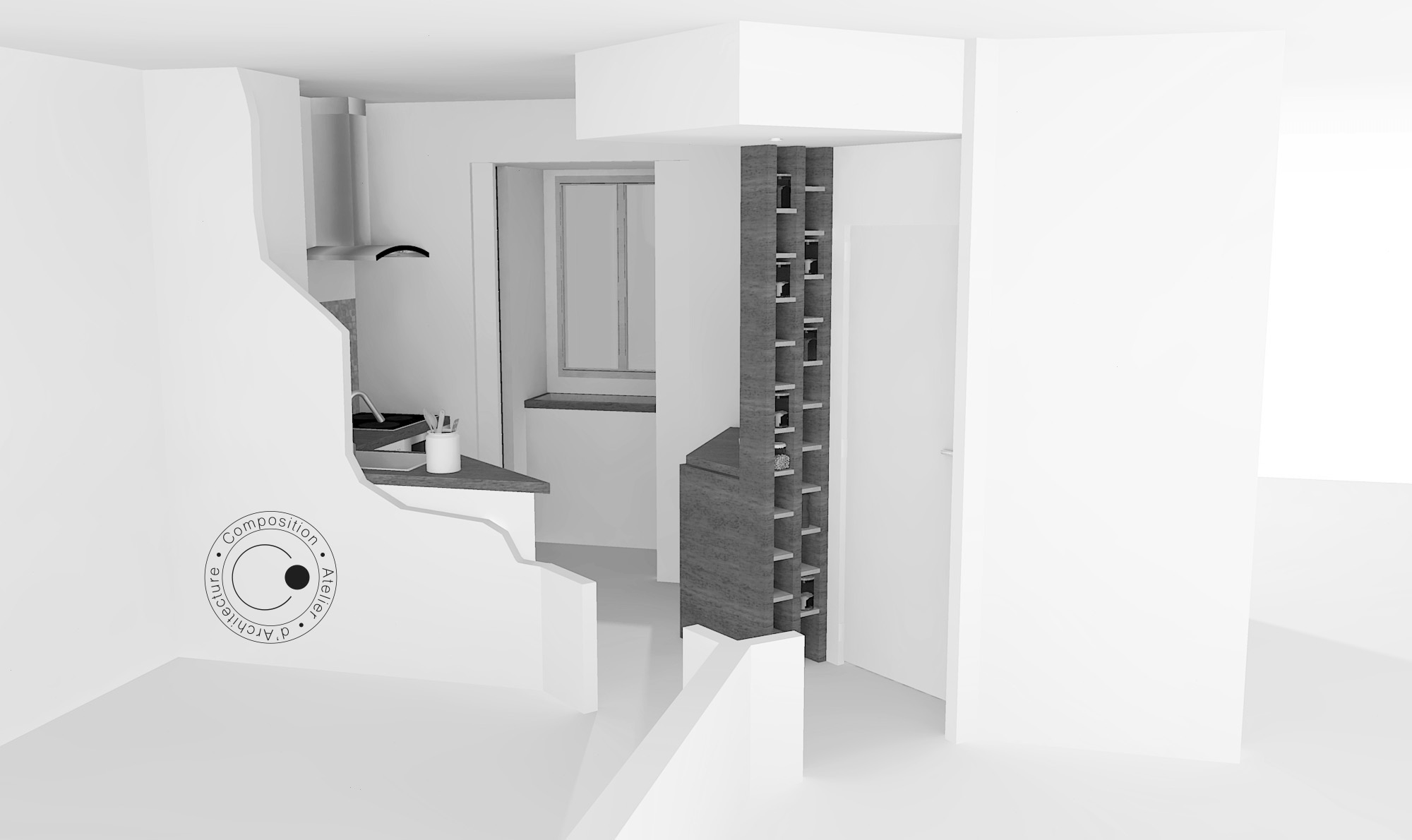 Représentation graphique du projet d'aménagement d'une SDE et d'une cuisine dans un appartement à Issy-les-Moulineaux