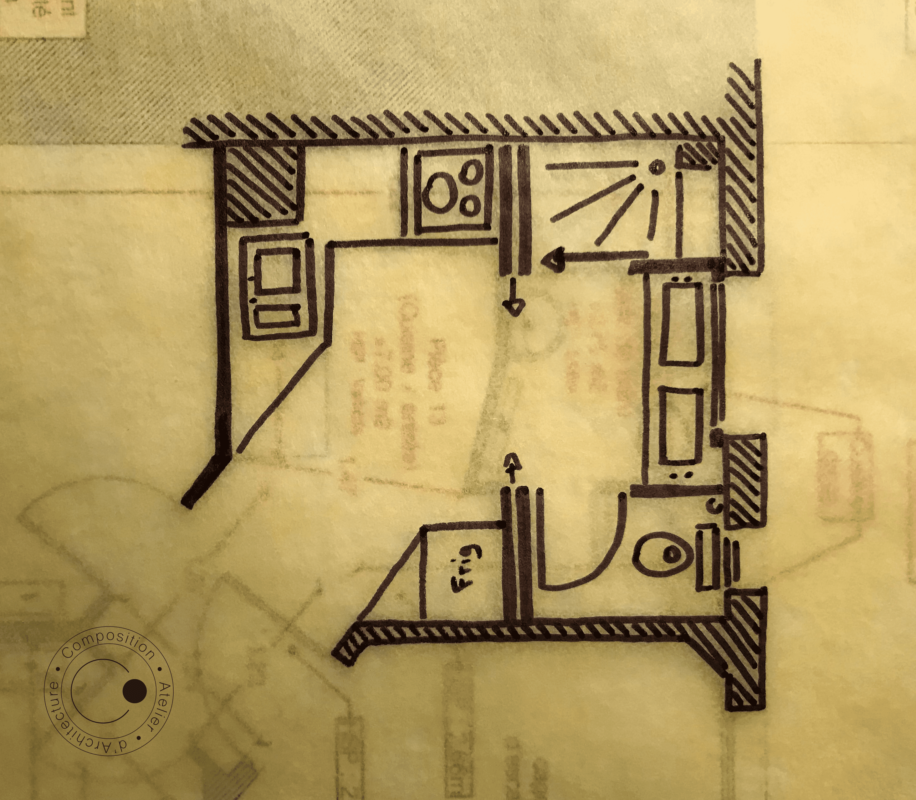 Croquis de travail du projet d'aménagement de la SDE et de la cuisine d'un appartement à Issy-les-Moulineaux