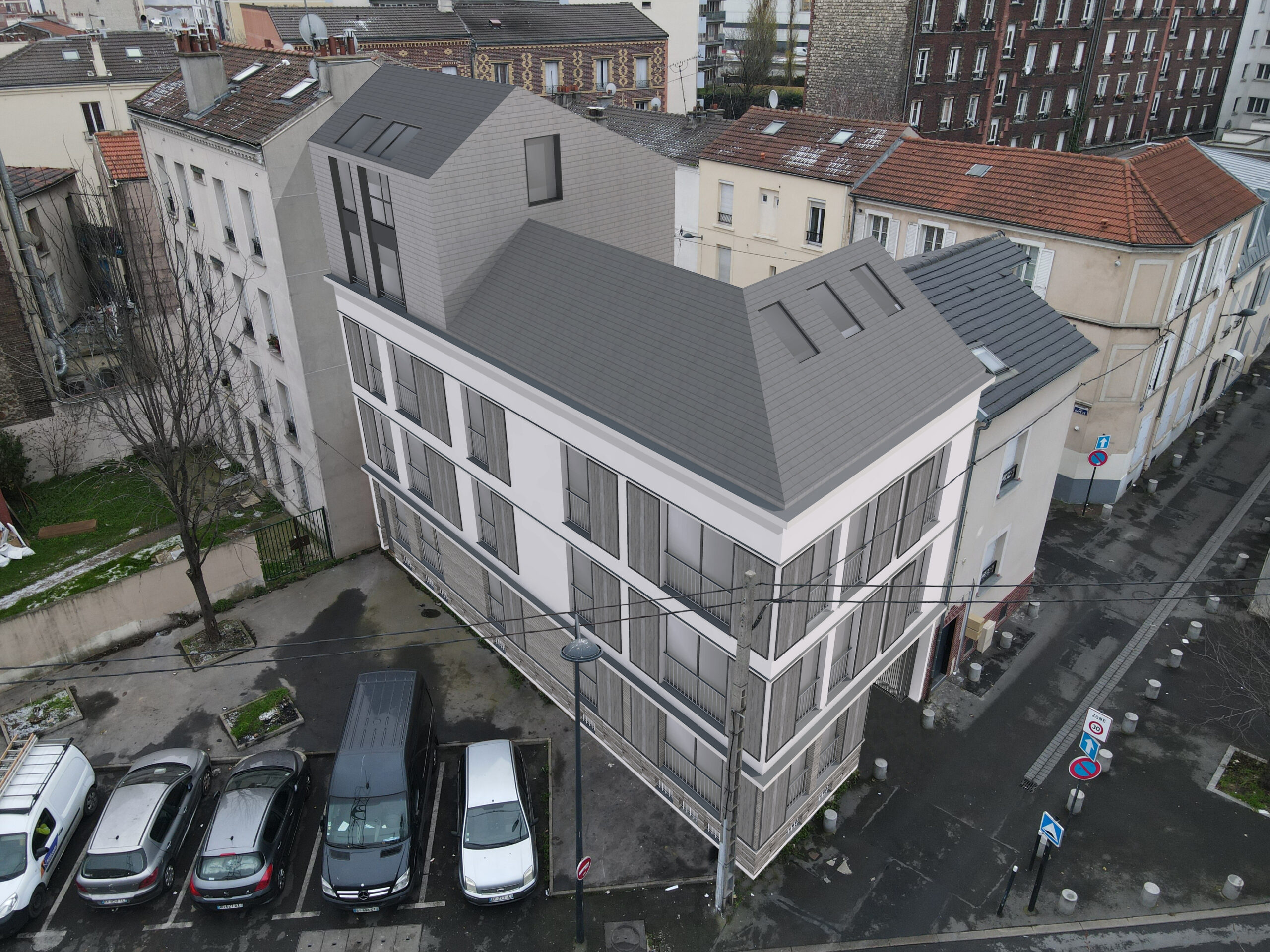 Bouton pour atteindre le descriptif du projet d'habitation collectifs à Saint-Denis • Composition Atelier d'Architecture