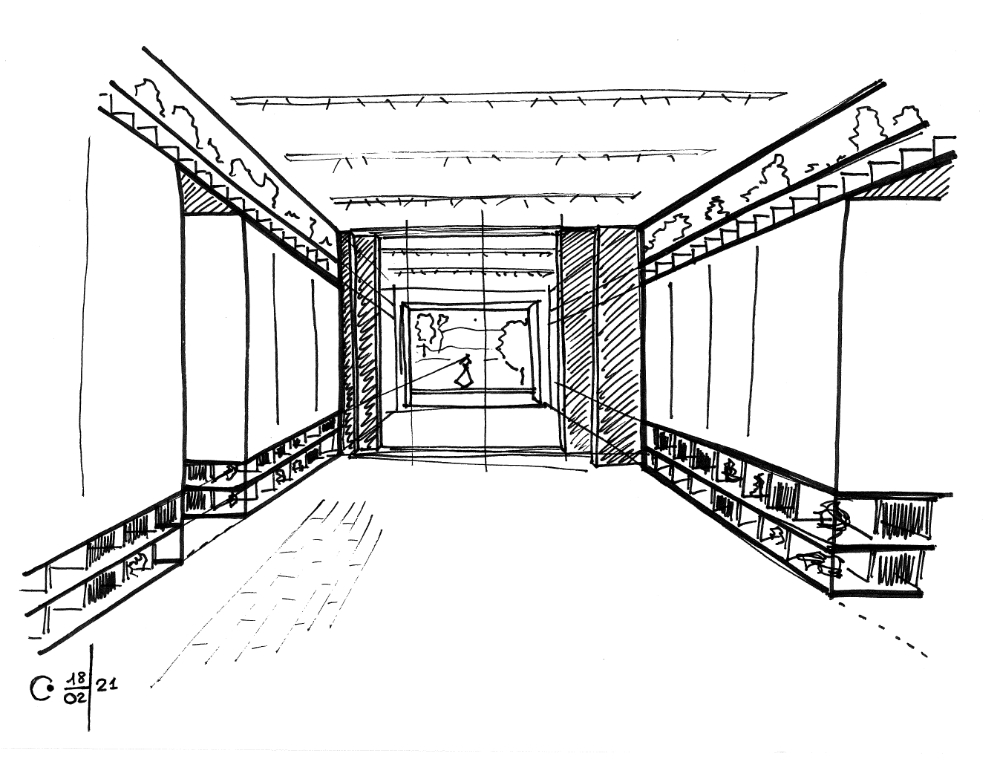 Croquis d'aménagement du canon à vue, la pièce centrale modulable de l'aménagement du pavillon