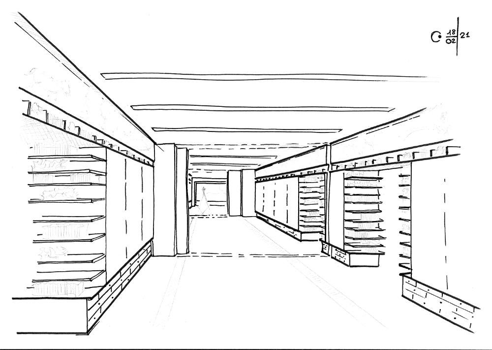 Croquis d'aménagement du canon à vue, la pièce centrale modulable de l'aménagement du pavillon