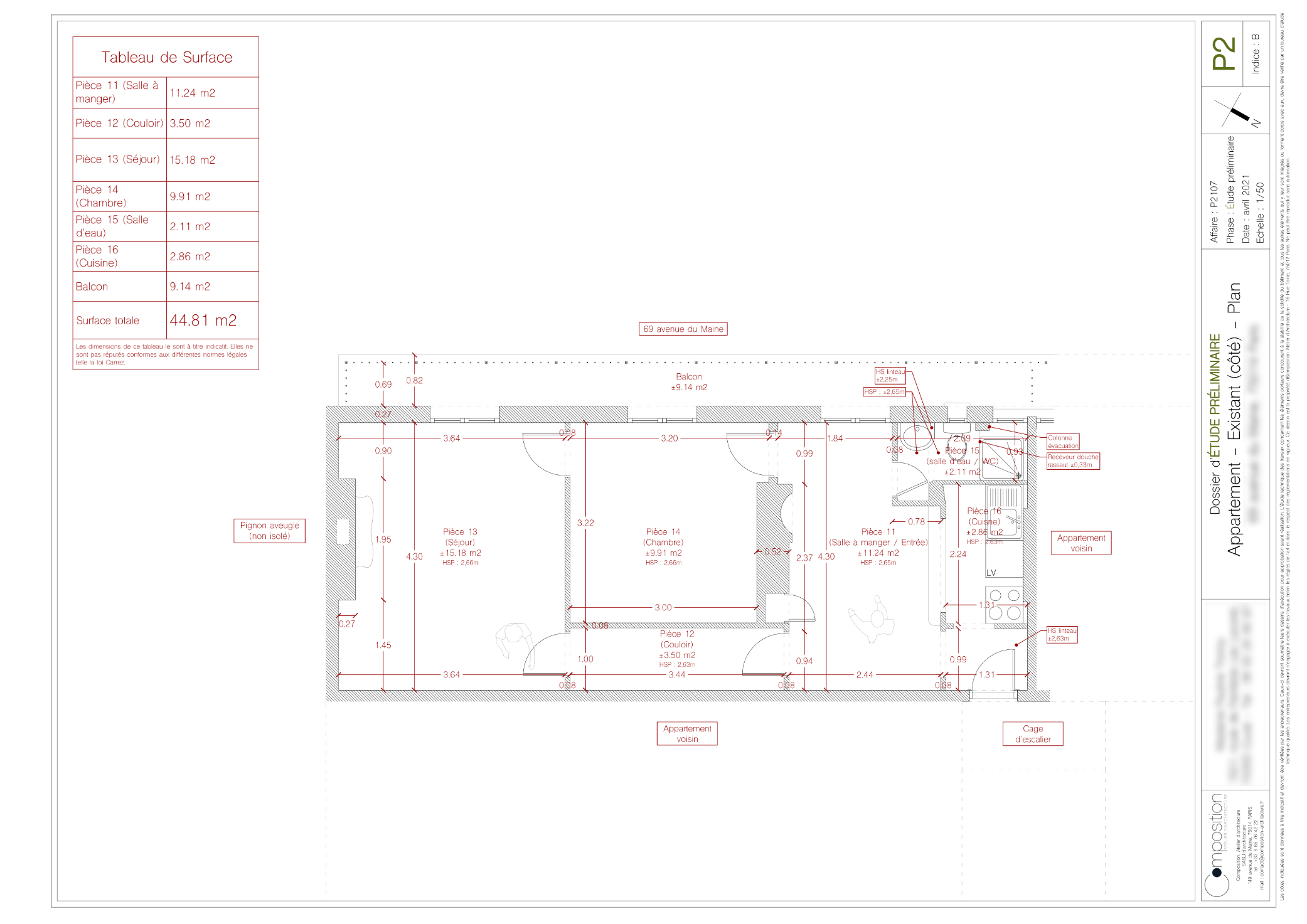 Plan côté de l'appartement dans son état existant.