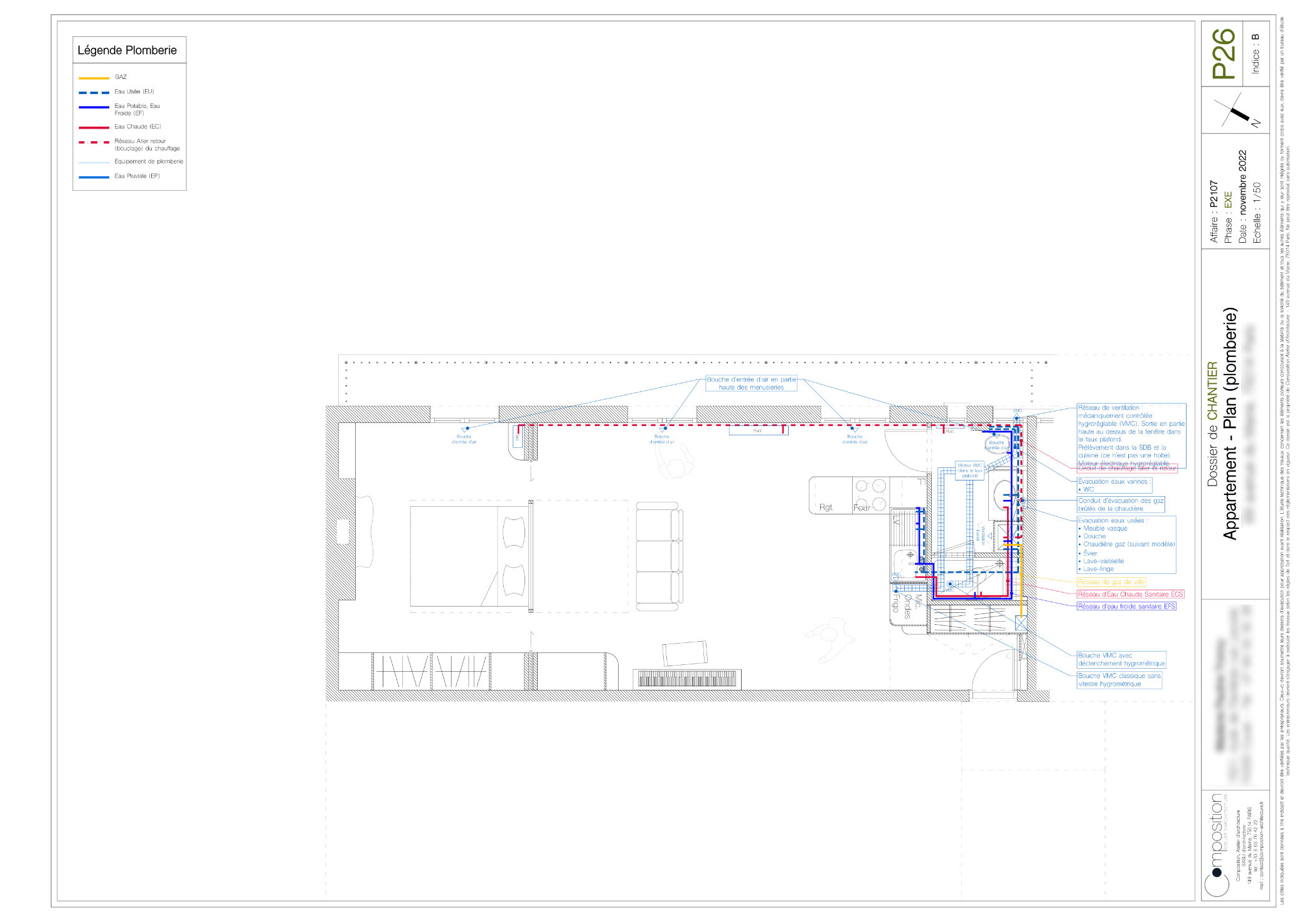 Plan de plomberie de l'appartement dans son état projeté.