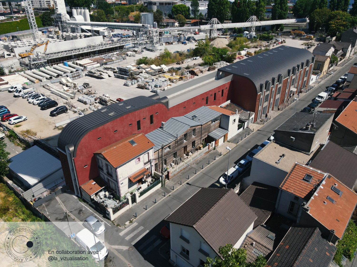 Bouton pour atteindre le descriptif du projet d'architecture de l'école de danse à Aubervilliers • Composition Atelier d'Architecture