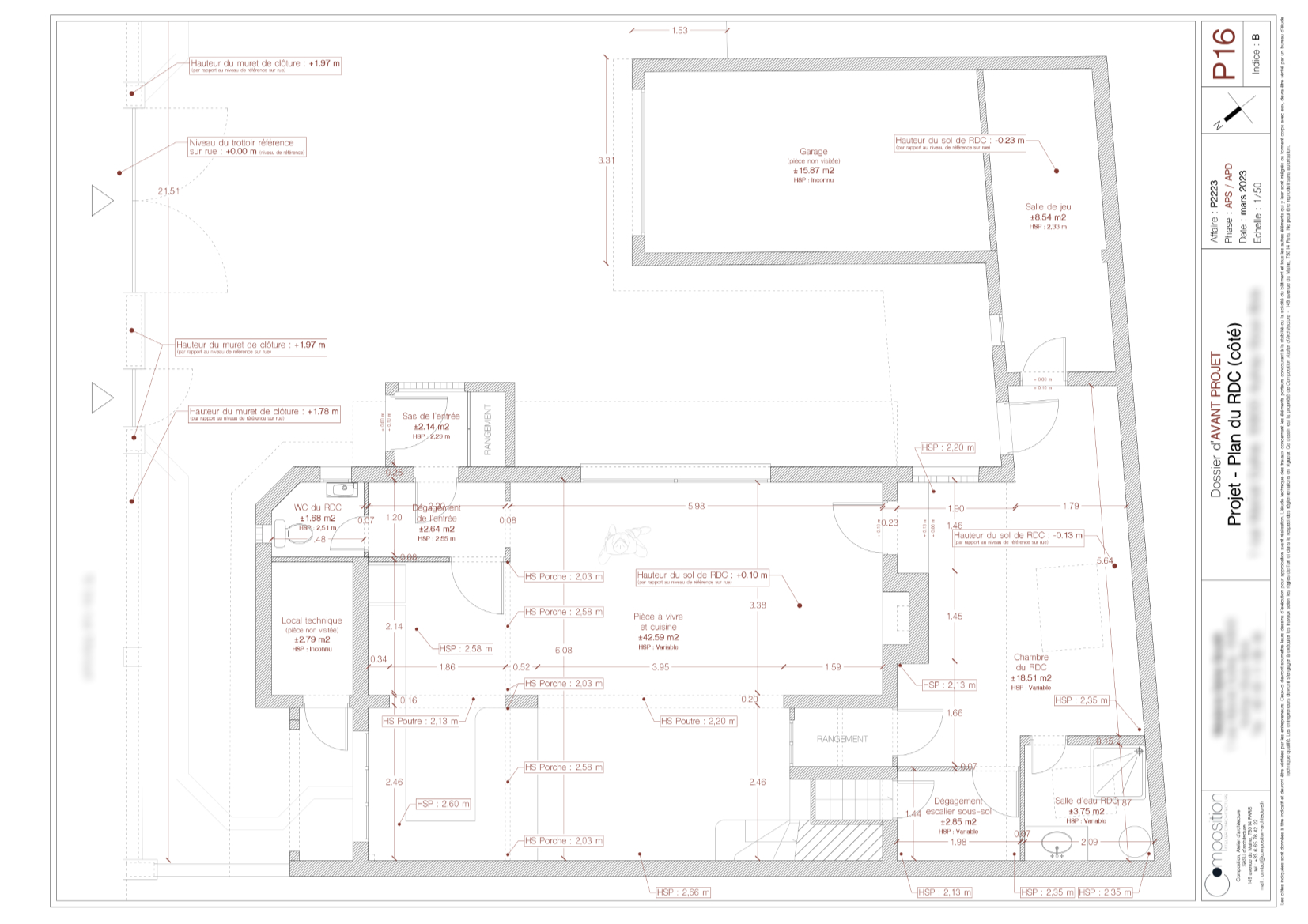 Plan du RDC du projet de surélévation d'une maison à Aulnay-sous-Bois