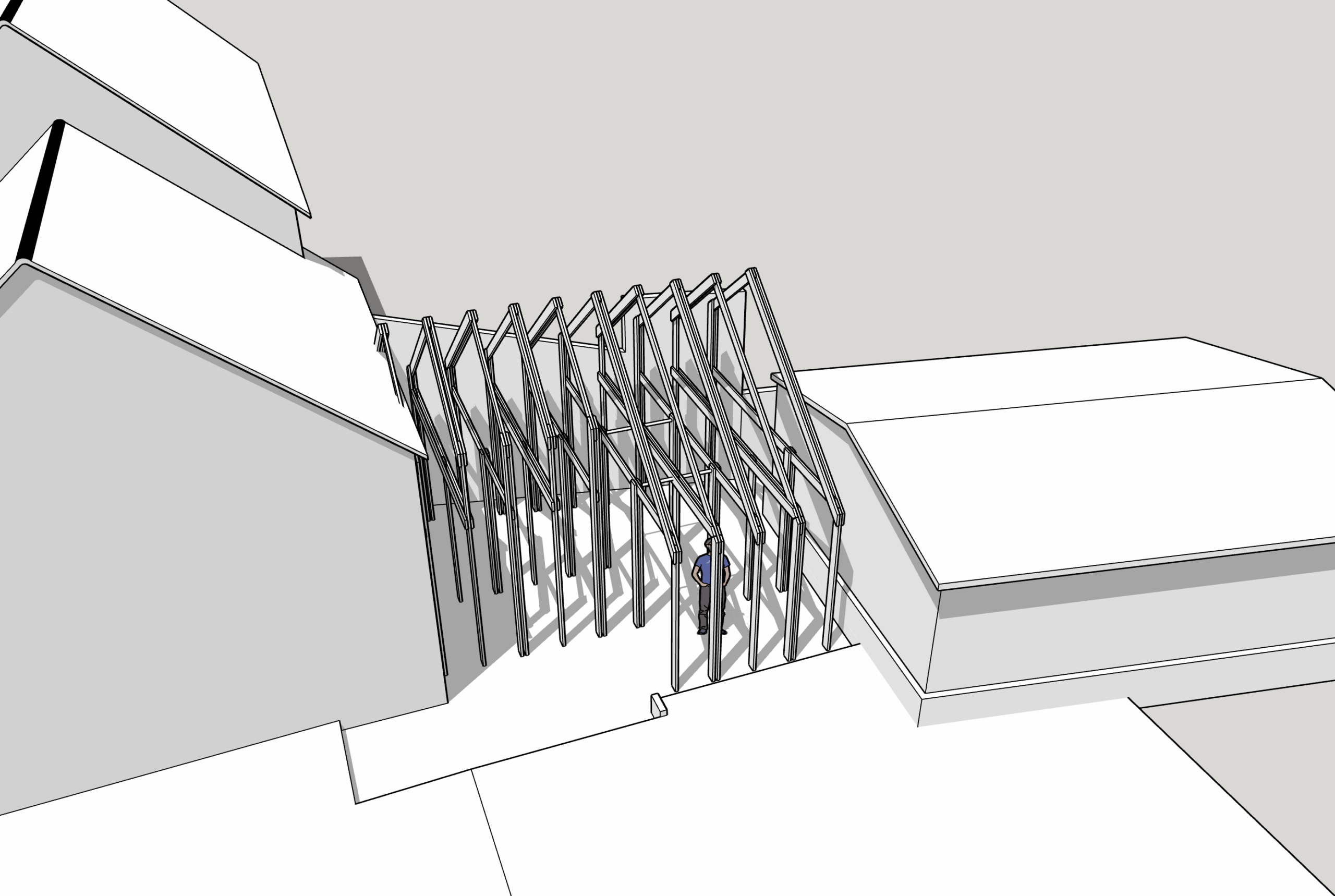 Illustration 3D des fermes de charpente de l'extension de la maison à Arbonne-la-Forêt.
