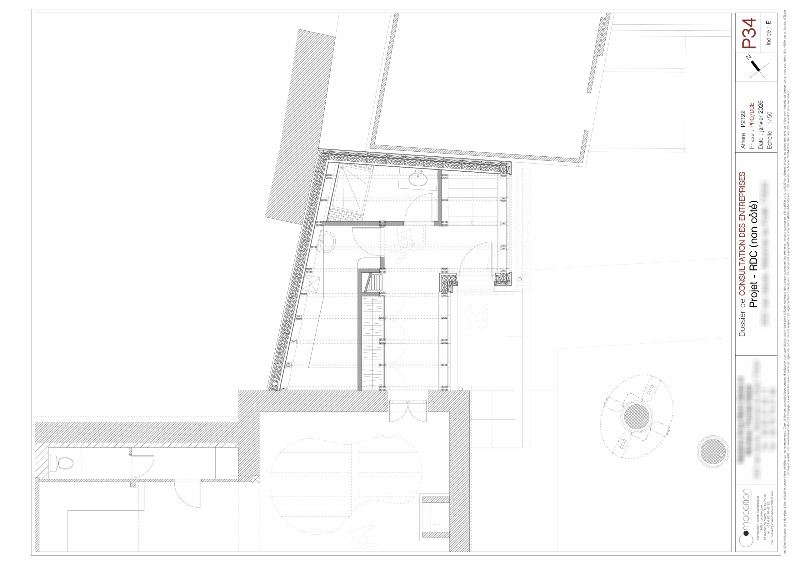 Plan du niveau bas de l'extension de la maison à Arbonne-la-Forêt.
