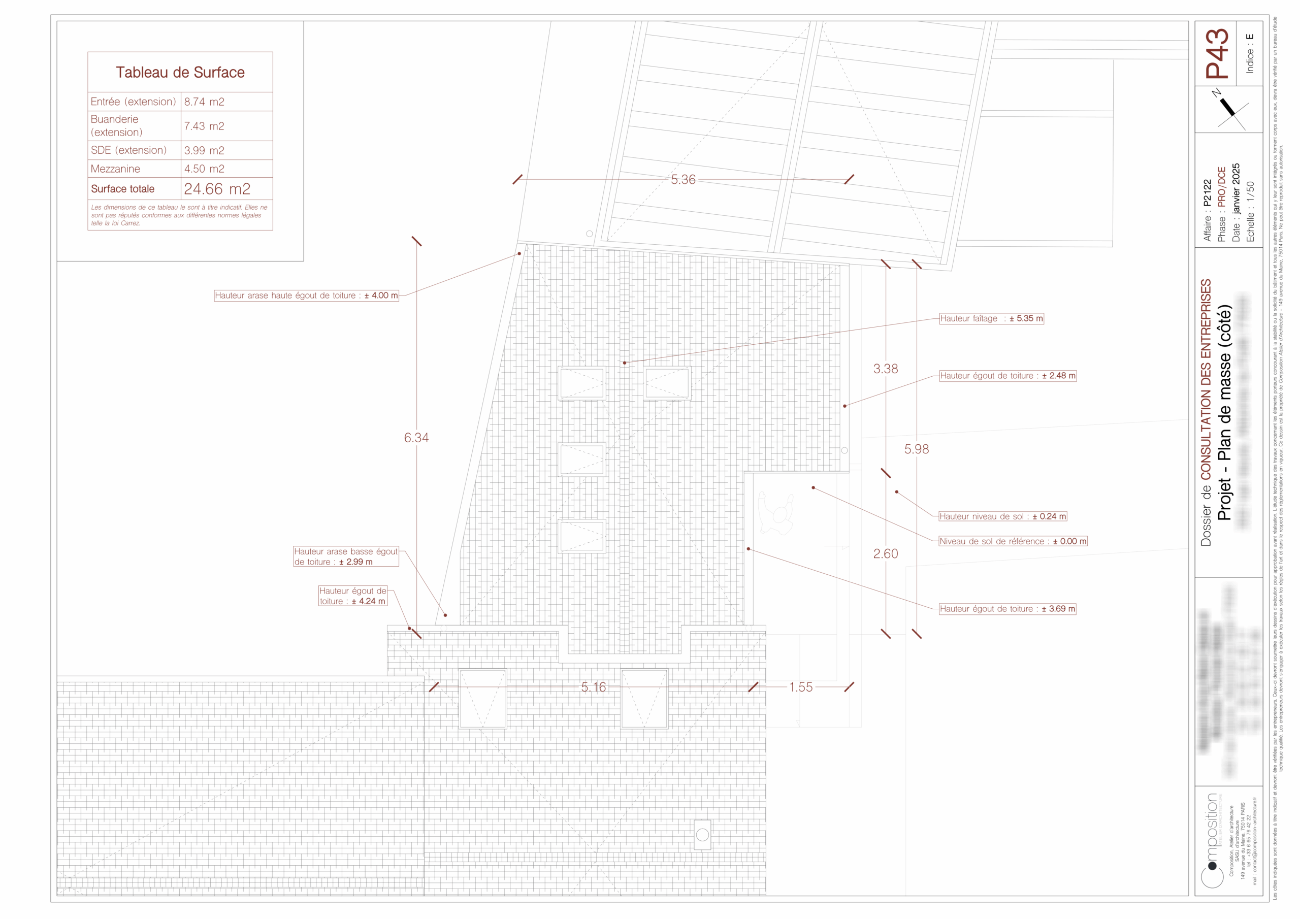 Plan de masse de l'extension de la maison à Arbonne-la-Forêt.