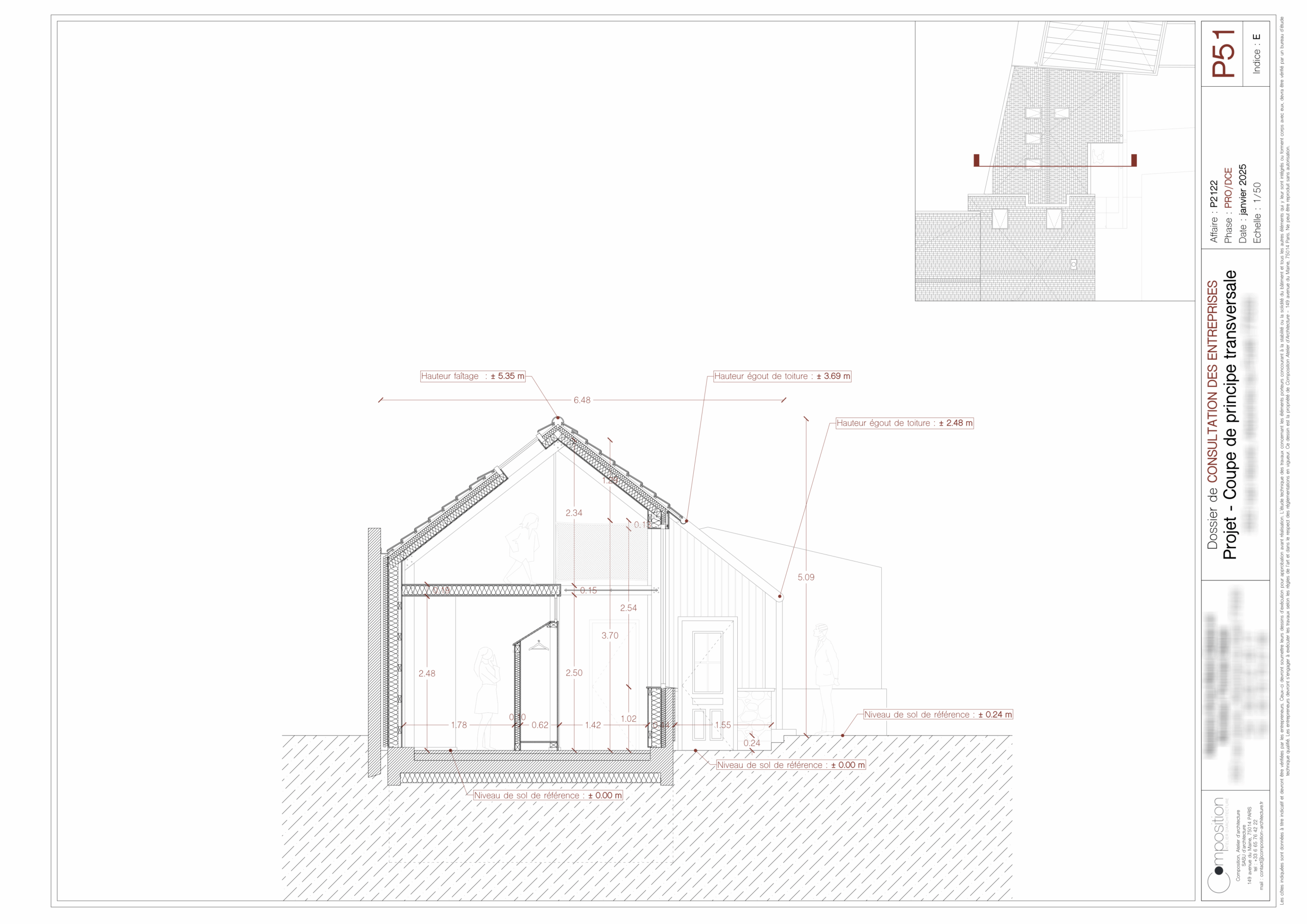 Coupe de principe transversale de l'extension de la maison à Arbonne-la-Forêt.