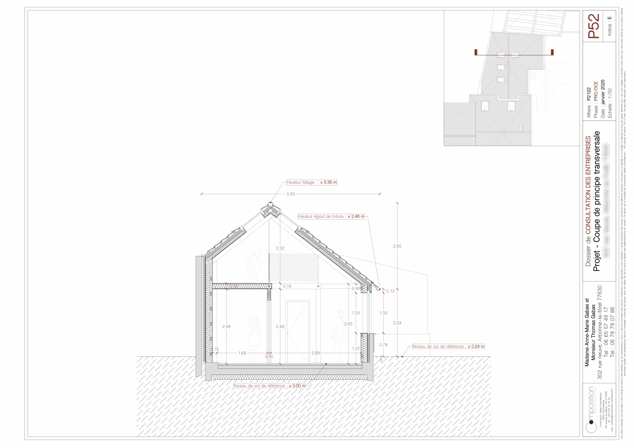 Coupe de principe transversale de l'extension de la maison à Arbonne-la-Forêt.