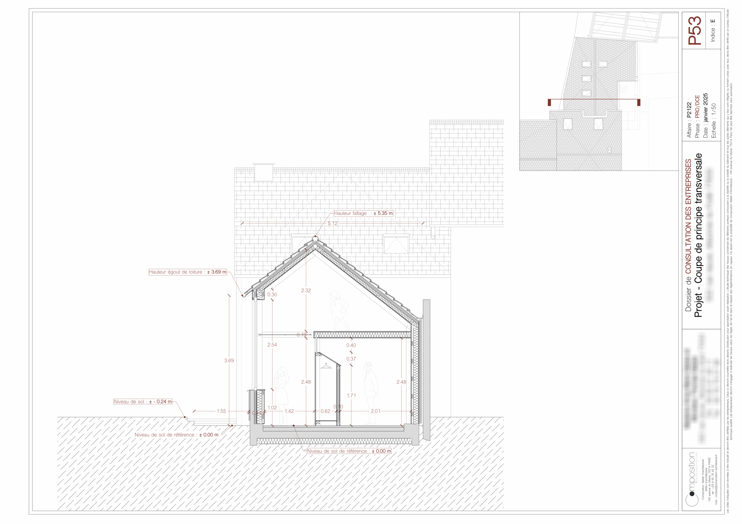 Coupe de principe transversale de l'extension de la maison à Arbonne-la-Forêt.
